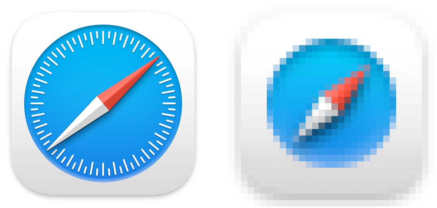 The 512x512 pt Safari app icon (on the left) uses a circle of tick marks to indicate degrees; the 16x16 pt version of the icon (on the right) doesn’t include this detail.